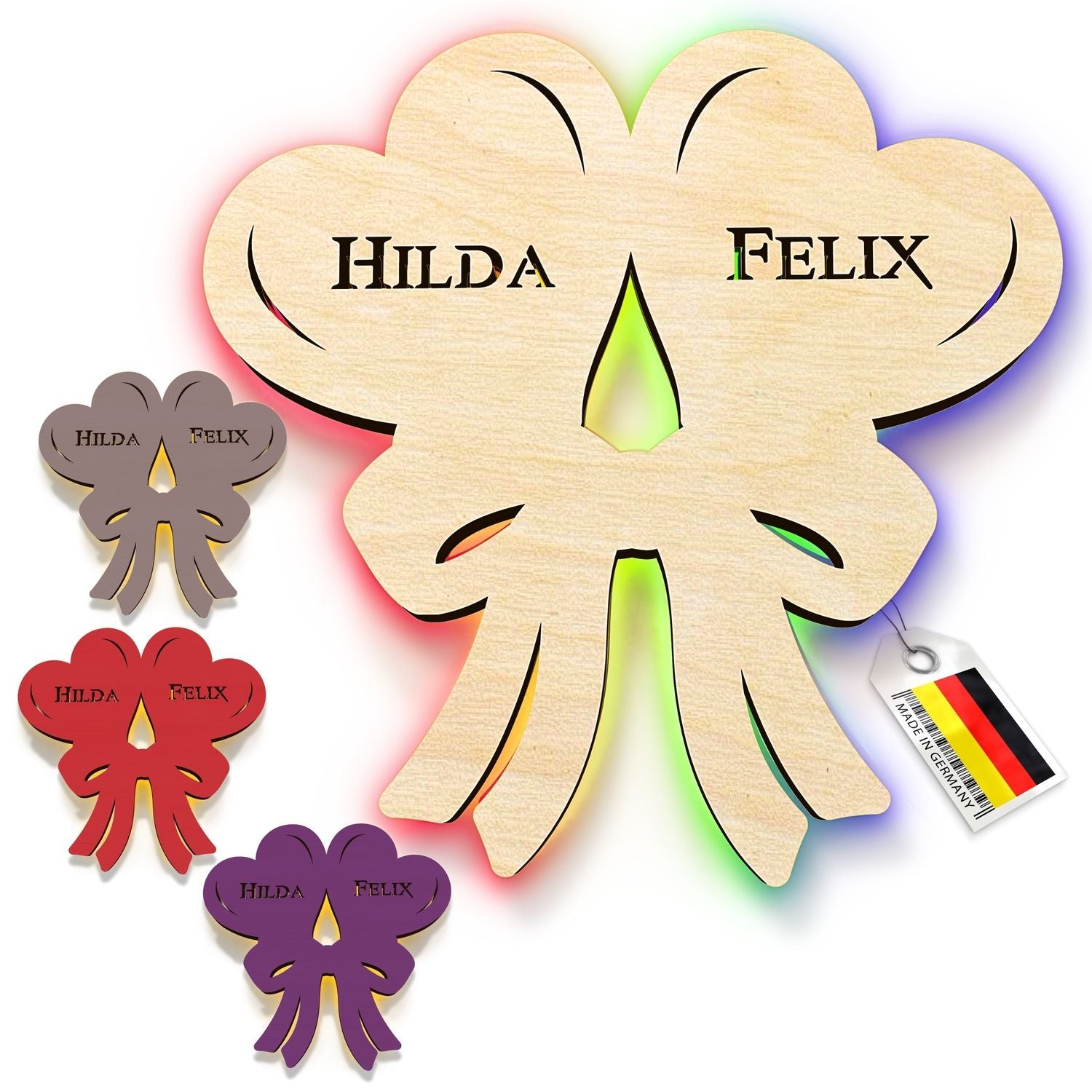 Personalisierte Holz-Wandleuchte Herz mit doppelt gebogenem Dekor und gravierten Namen