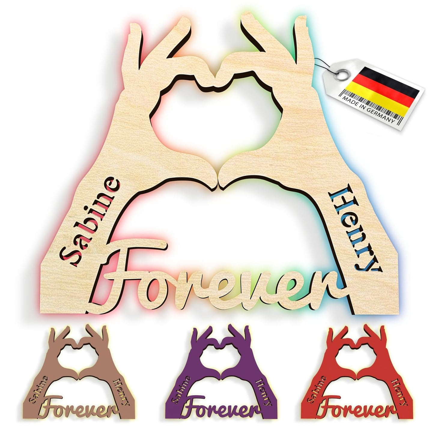Personalisierte Holzherz-Wandleuchte mit Händen, anpassbar mit Namen, in verschiedenen Farben