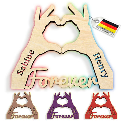 Personalisierte Holzherz-Wandleuchte mit Händen, anpassbar mit Namen, in verschiedenen Farben