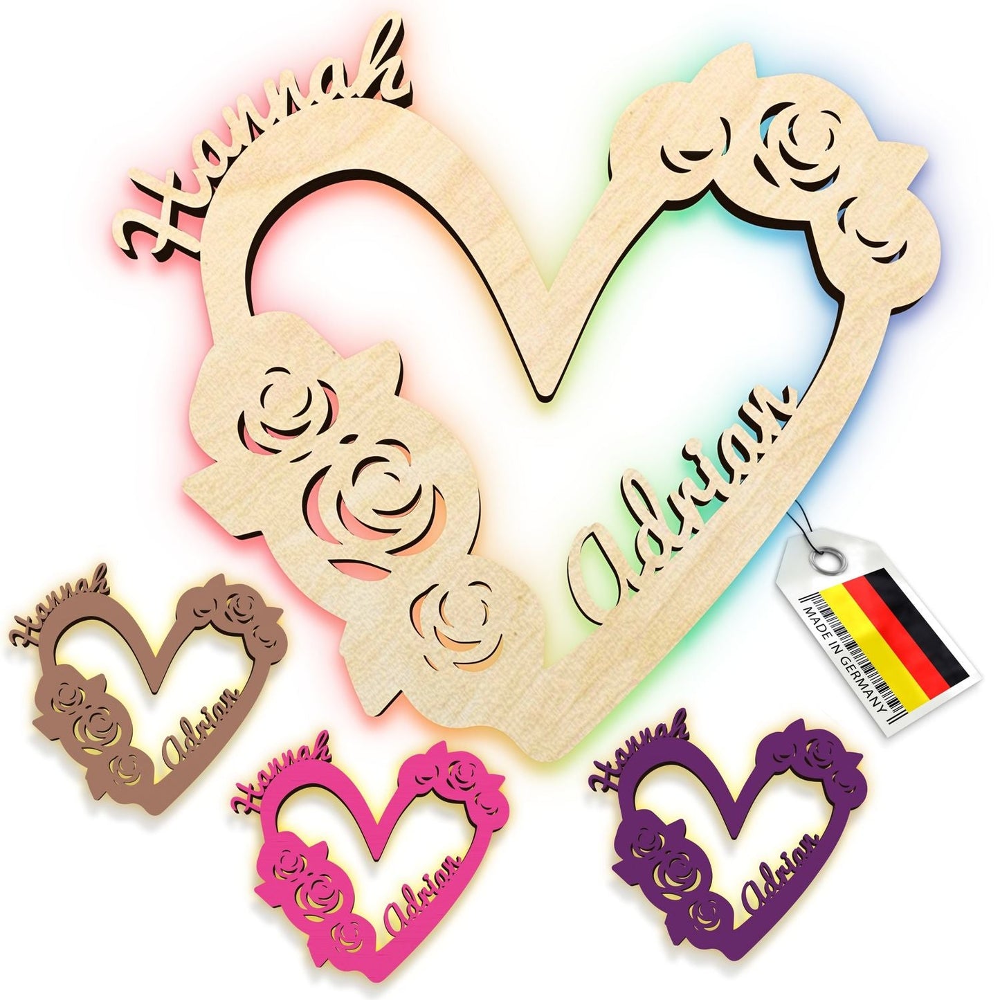Personalisierte Holzherz-Wandleuchte mit Namen und floralen Ausschnitten