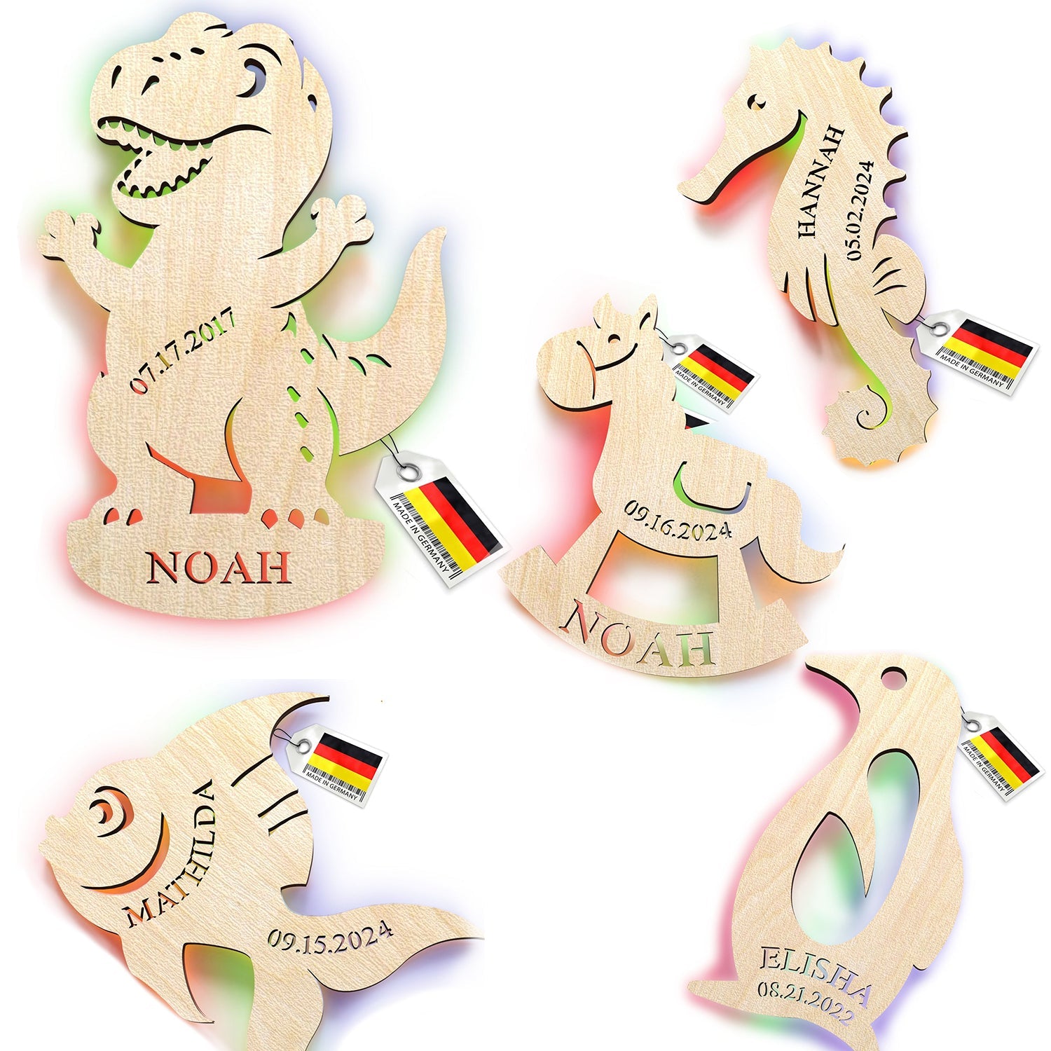 Personalisiertes Dinosaurier Nachtlicht mit Holzschilden in Tierformen für Babyzimmer