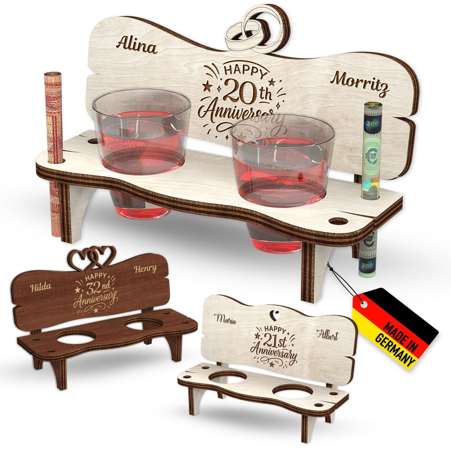 Personalisierter Holz-Getränkehalter in Bankform für Jubiläum, langlebiges Design