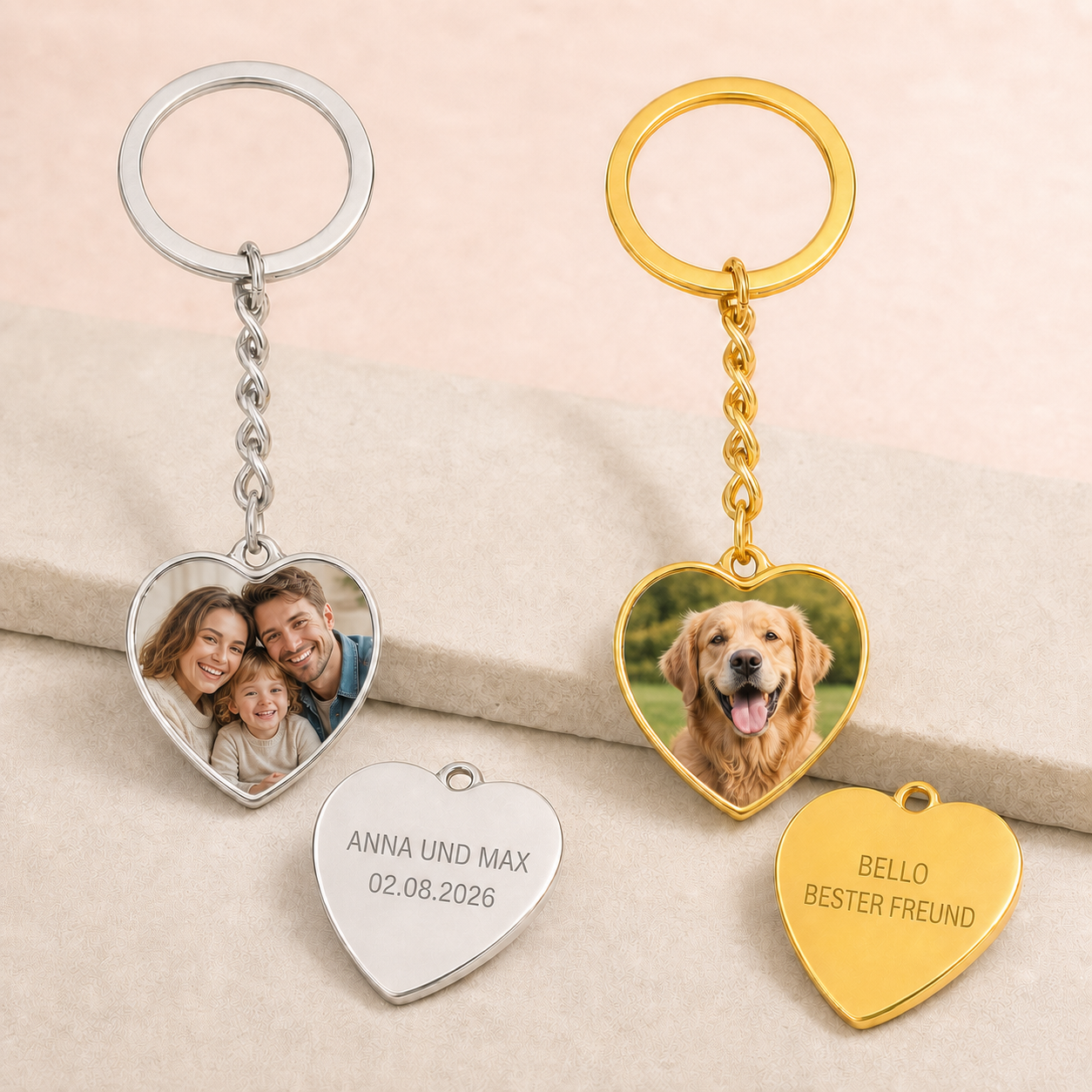 Herz-Schlüsselanhänger mit Familienfoto und Gravur sowie Hundefoto und passender Textgravur