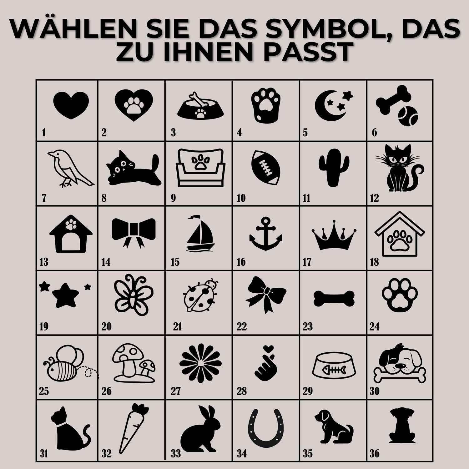 Herzgravur mit 36 Symbolanhängern für individuelles Rückseitendesign bei Haustieranhänger