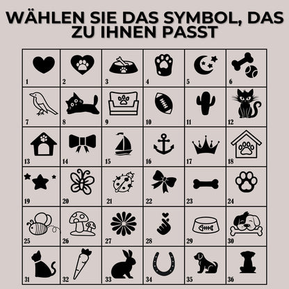 Herzgravur mit 36 Symbolanhängern für individuelles Rückseitendesign bei Haustieranhänger