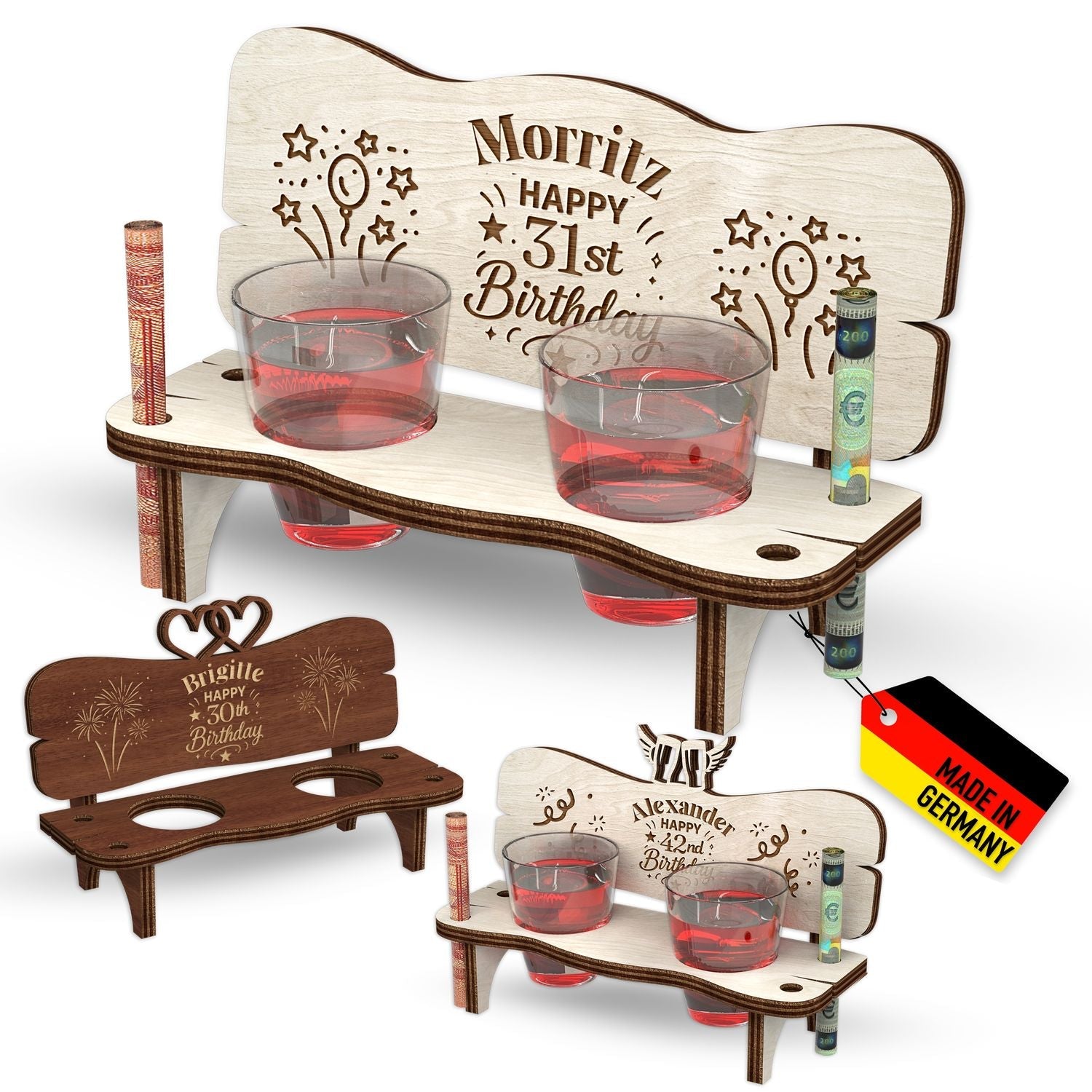 Personalisierter Holzständer mit Schnapsgläsern als Geburtstagsgeschenk