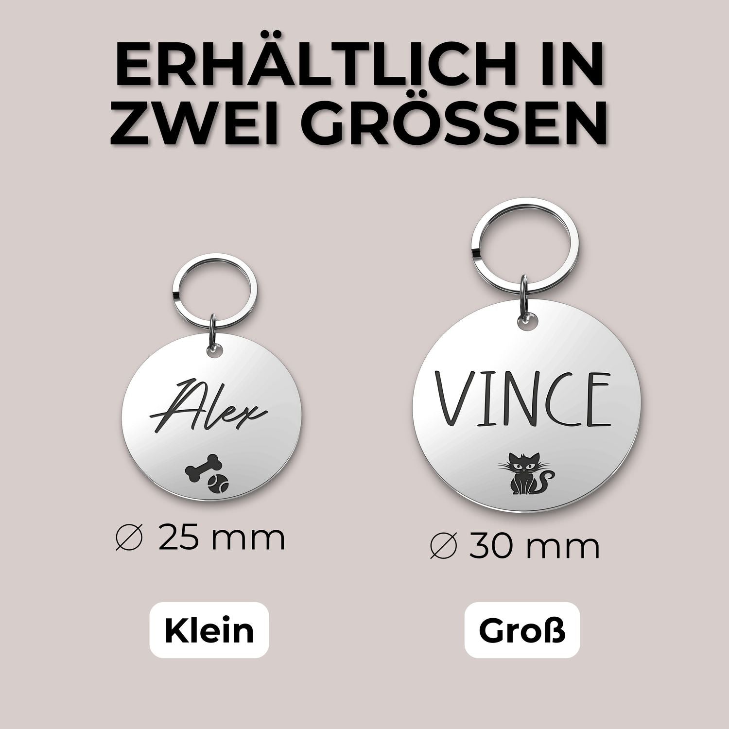 Personalisierter Schlüsselanhänger mit Gravur und Edelstahl-Symbol, zwei anpassbare runde Schlüsselanhänger