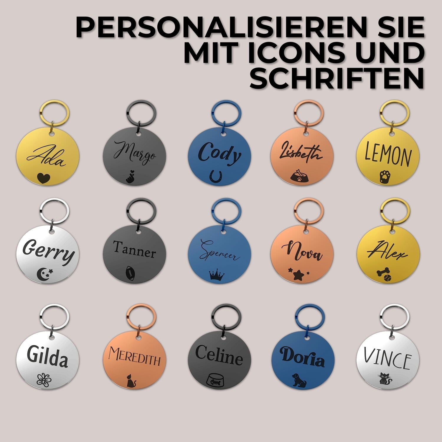 Personalisierter Schlüsselanhänger mit Gravur und Symbol aus Edelstahl in verschiedenen Farben