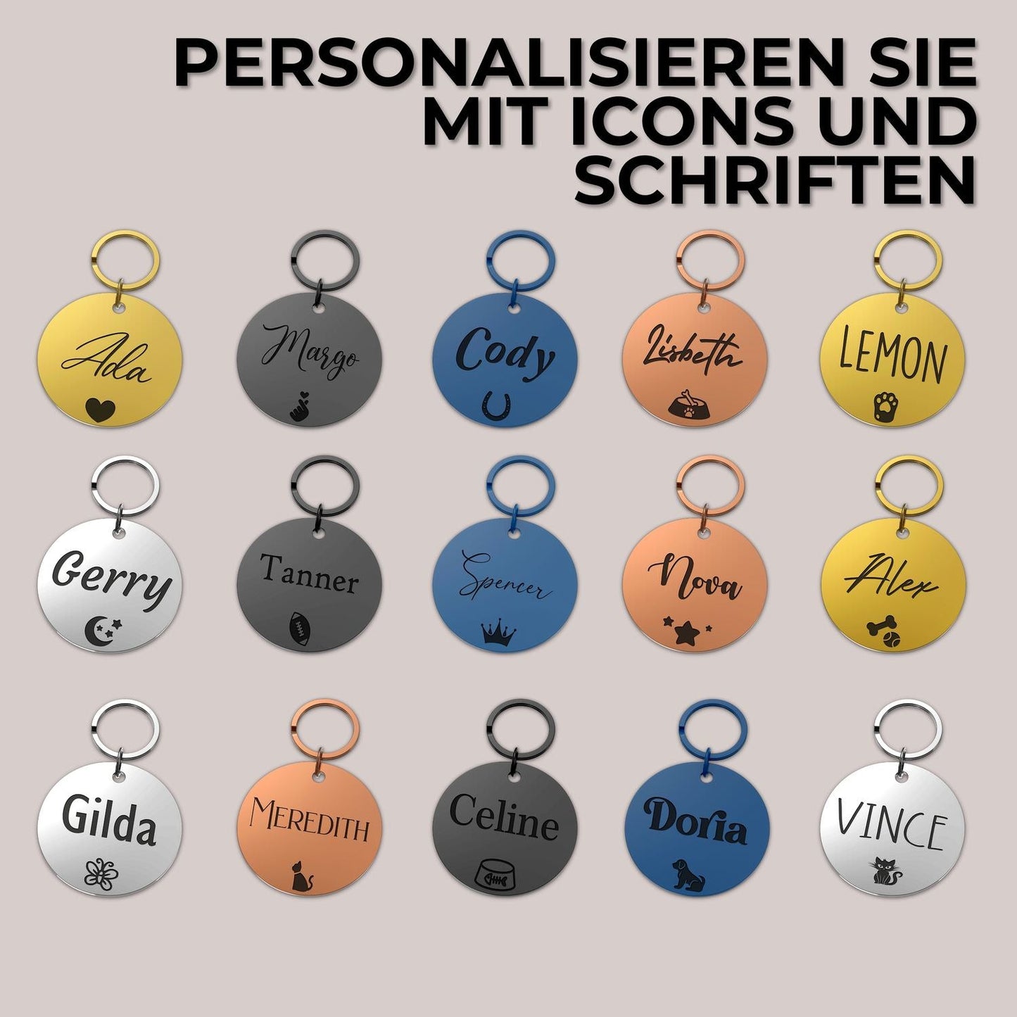 Personalisierter Schlüsselanhänger mit Gravur und Symbol aus Edelstahl in verschiedenen Farben