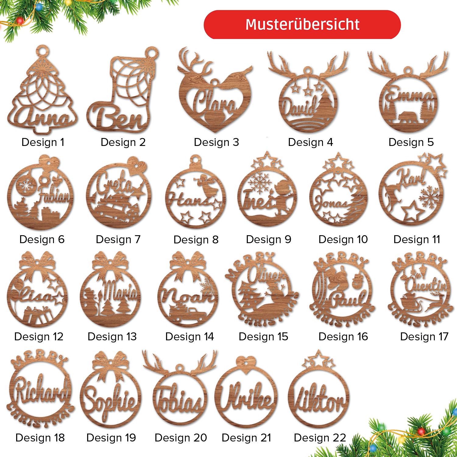 Personalisierter Weihnachtsanhänger aus Holz mit Gravur und verschiedenen Designs