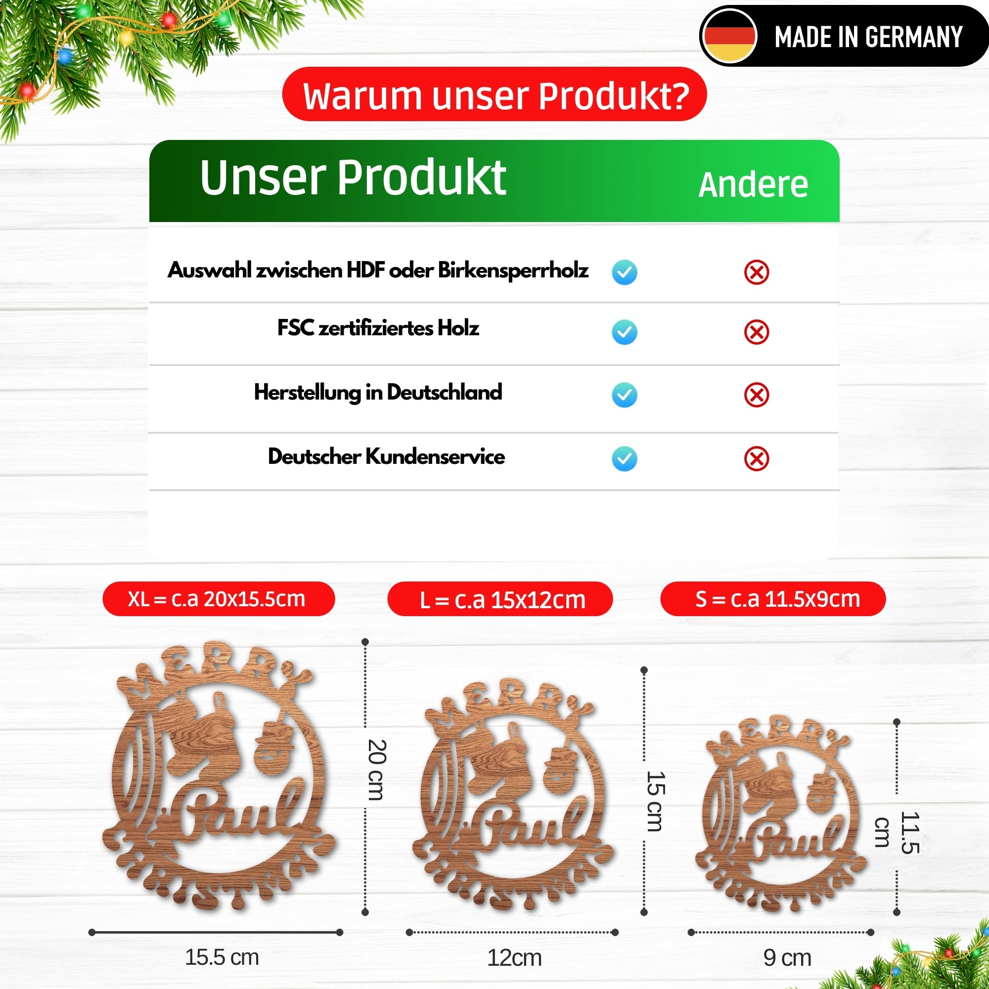 Personalisierter Weihnachtsanhänger aus Holz mit Gravur, Santa Claus Design, made in Deutschland