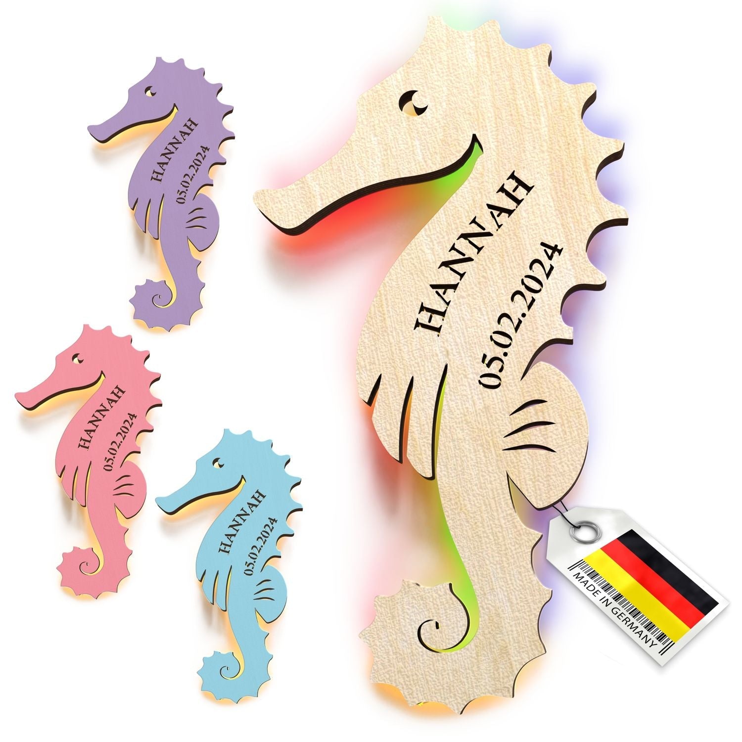 Holzseepferdchen Deko-Plaketten mit personalisierbarer Gravur für Kinderzimmer