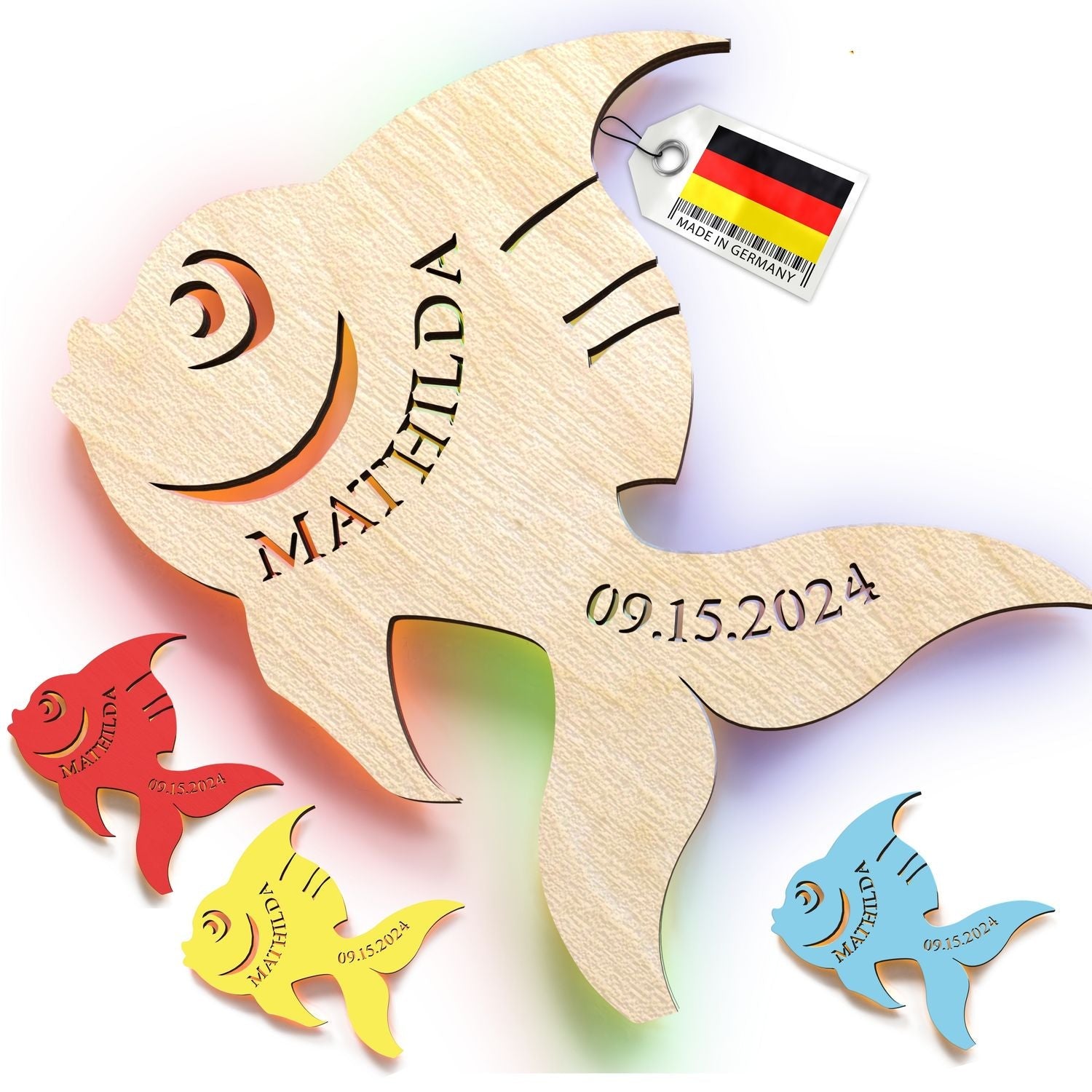 Personalisierte Holz-Fisch-Gästebuch für Kinderzimmer, einzigartiges Dinosaurier Nachtlicht