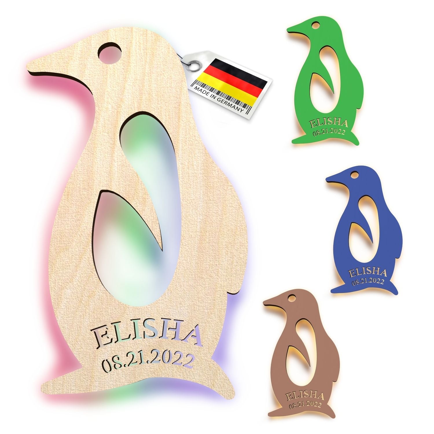 Holz-Pinguin-Ornament mit Cutout-Details für personalisiertes Dinosaurier Nachtlicht