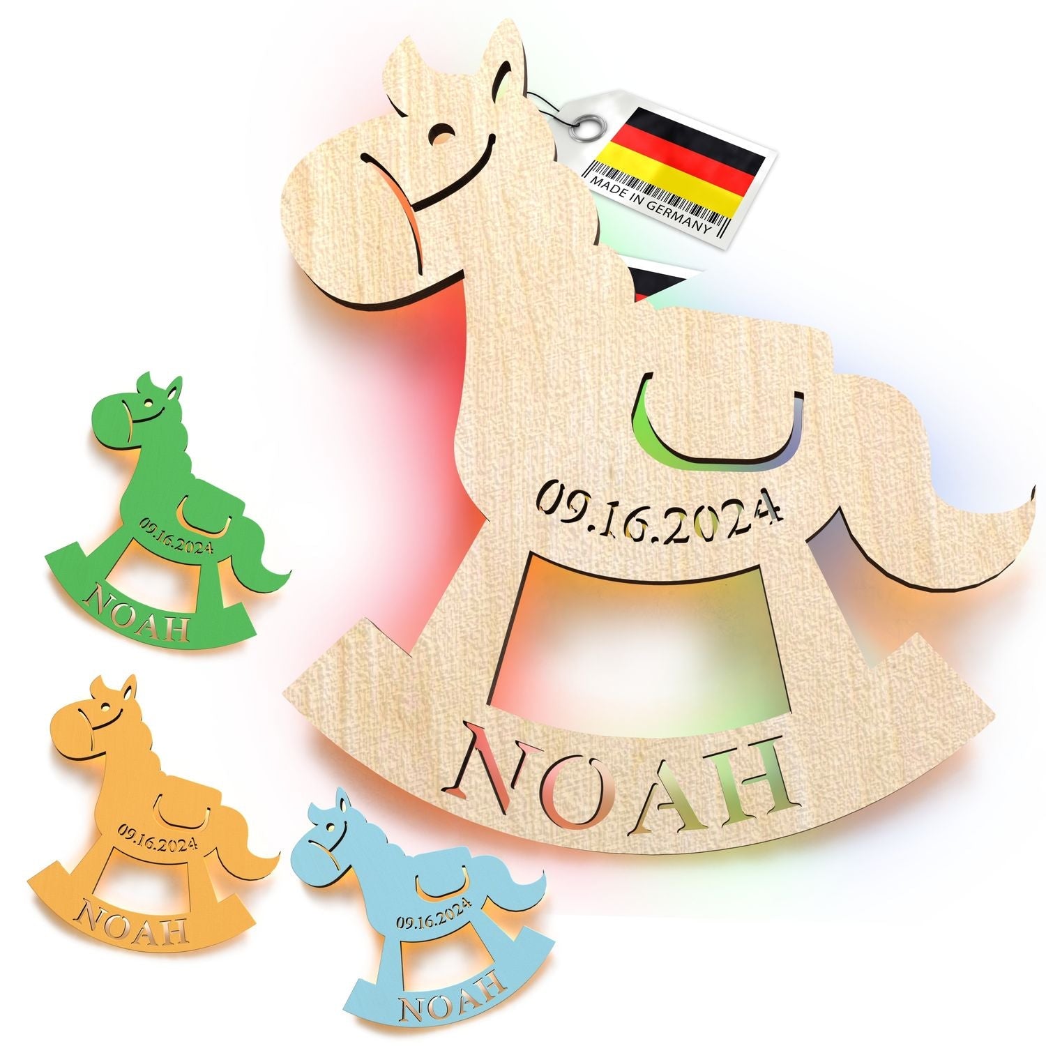 Personalisierte Holzrockinghorse als Kinderzimmer-Dinosauriernachtlicht mit Datum und Name