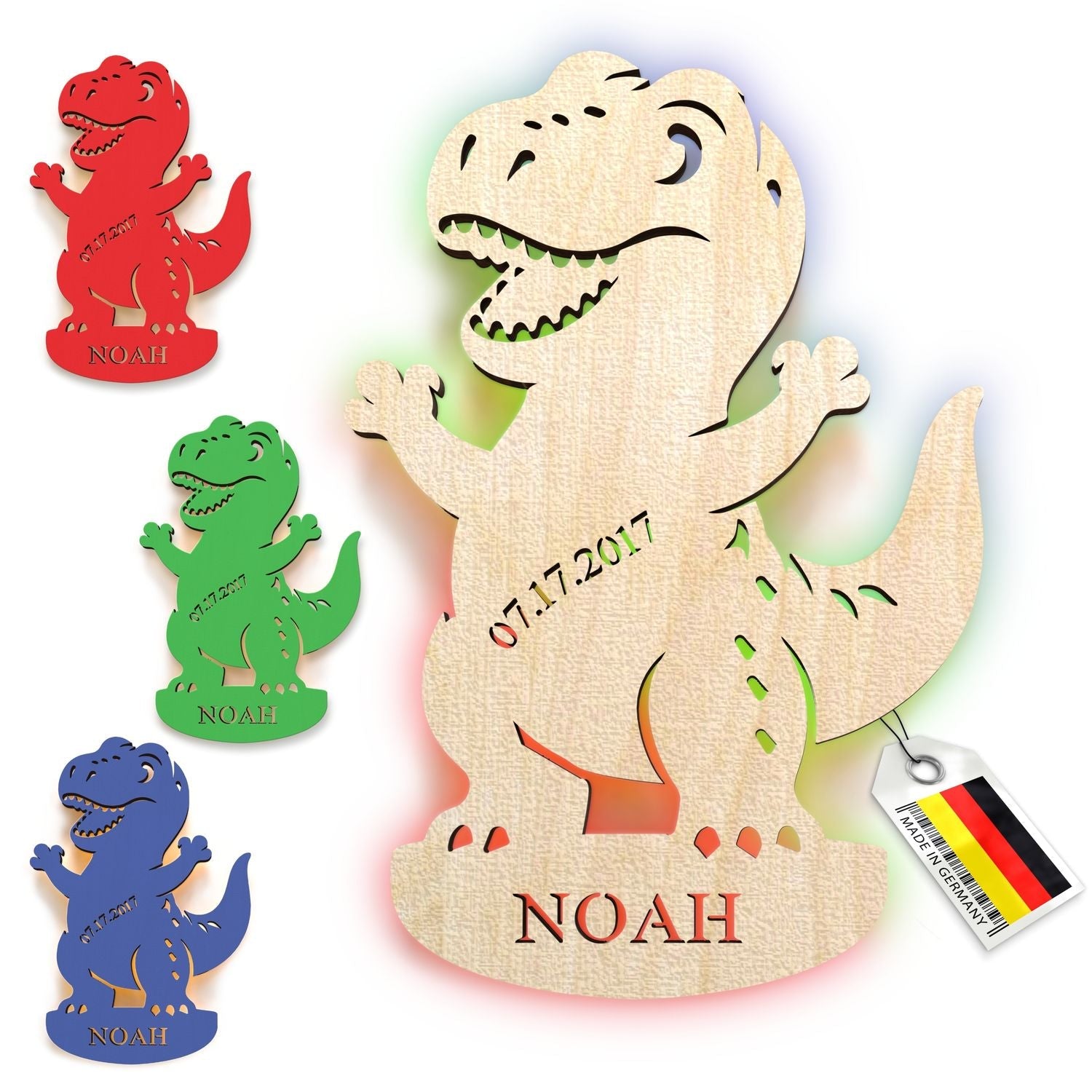 Personalisierte hölzerne Dinosaurier Nachtlampe mit bunten Kunststoff Dinosaurier Dekorationen