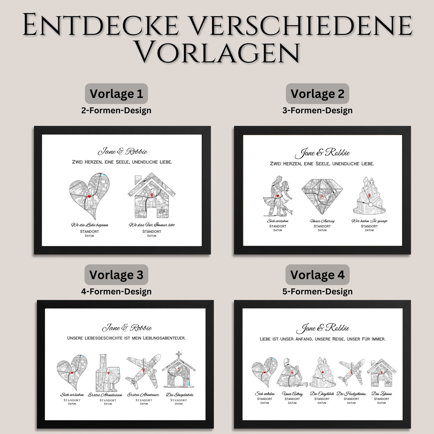 Gerahmtes personalisiertes Liebesgeschichte Poster als Geschenk mit individuellen Design