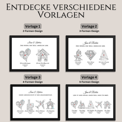 Gerahmtes personalisiertes Liebesgeschichte Poster als Geschenk mit individuellen Design