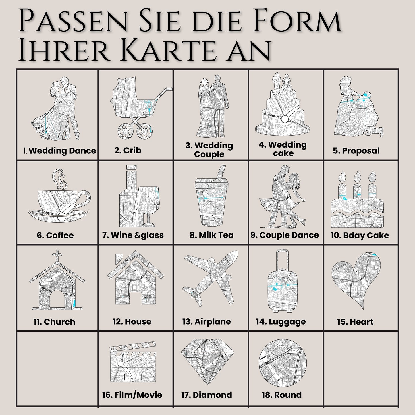Personalisiertes Liebesgeschichte Poster mit 18 Map-Pattern Shapes als Geschenk