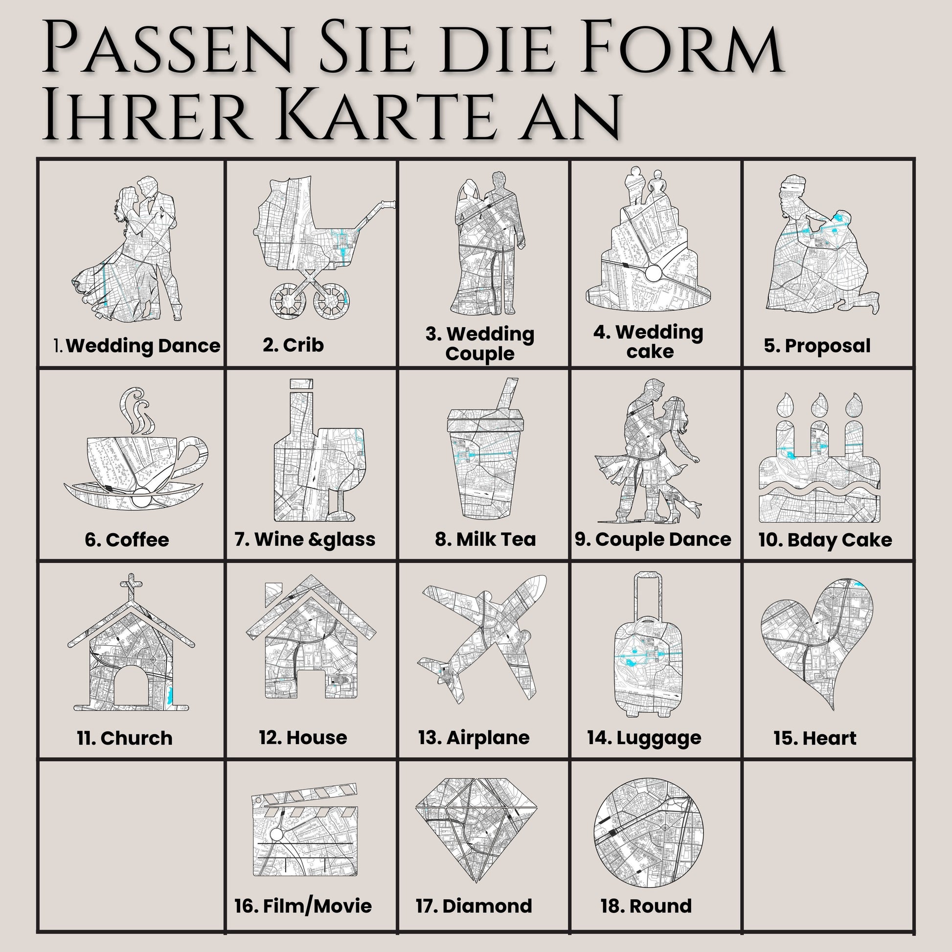 Personalisiertes Liebesgeschichte Poster mit 18 Map-Pattern Shapes als Geschenk