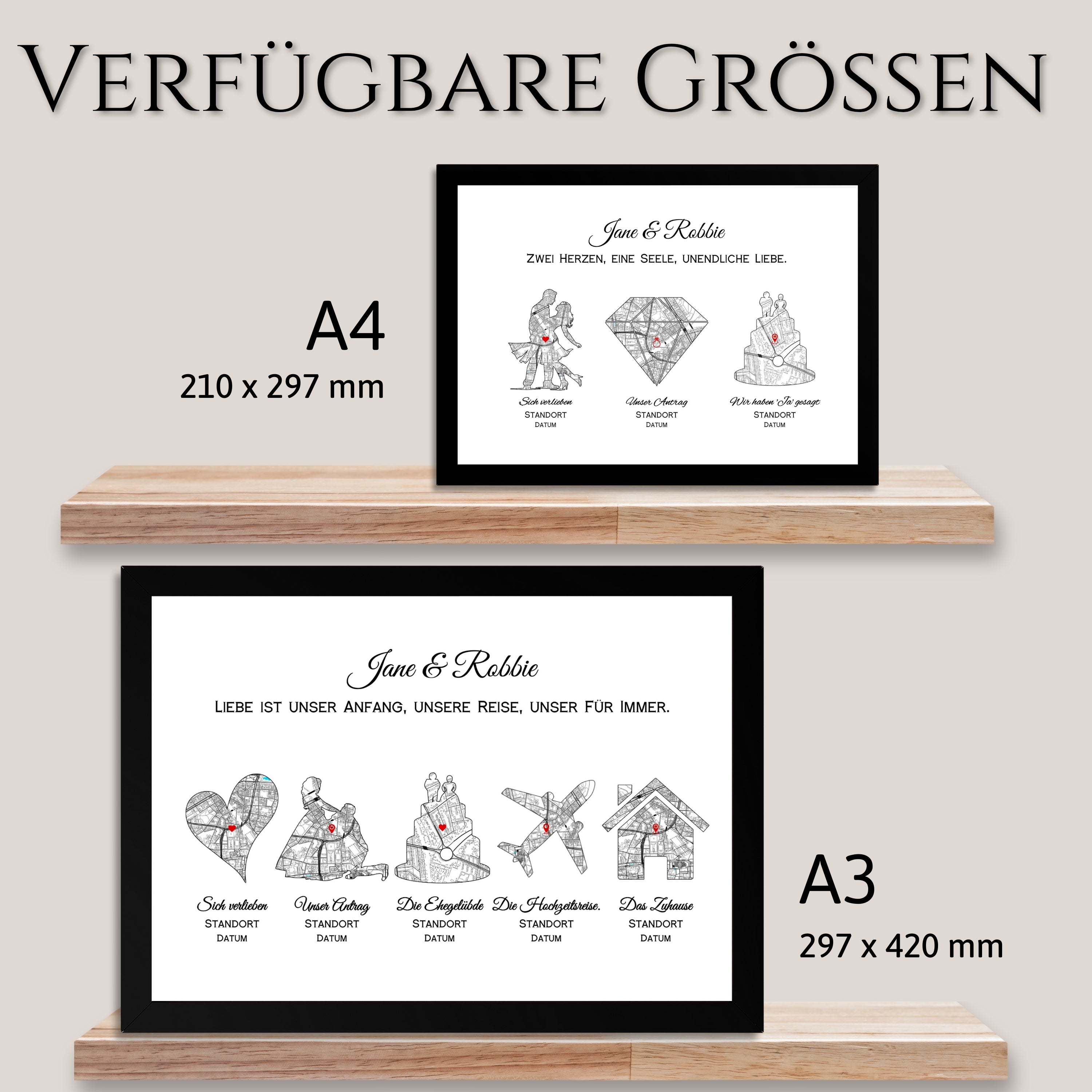 Personalisiertes Liebesgeschichte Poster als Geschenk mit Rahmen, zwei Drucke A4 und A3