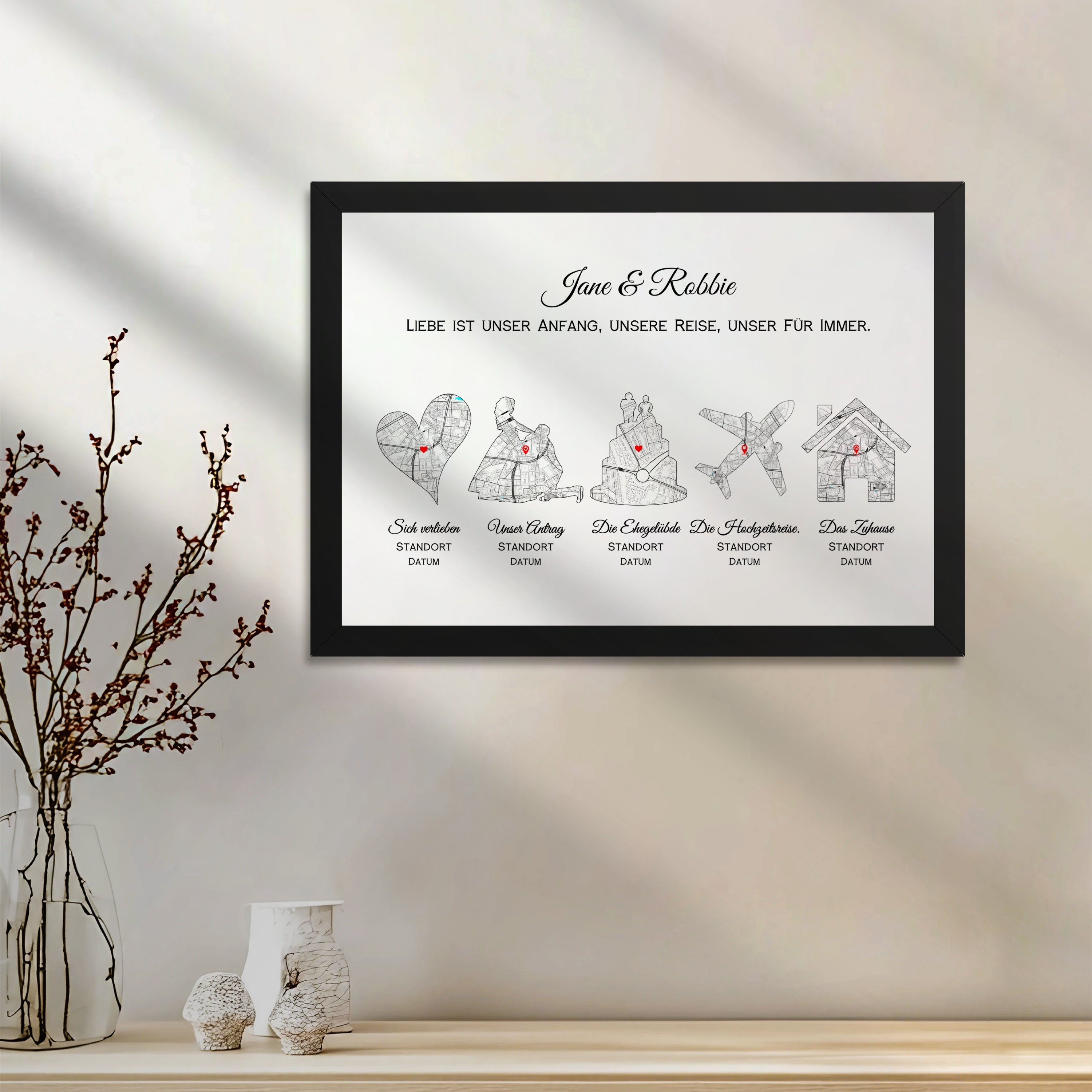 Personalisierter Liebesgeschichte Poster mit Rahmen und Kartenillustration als Geschenk
