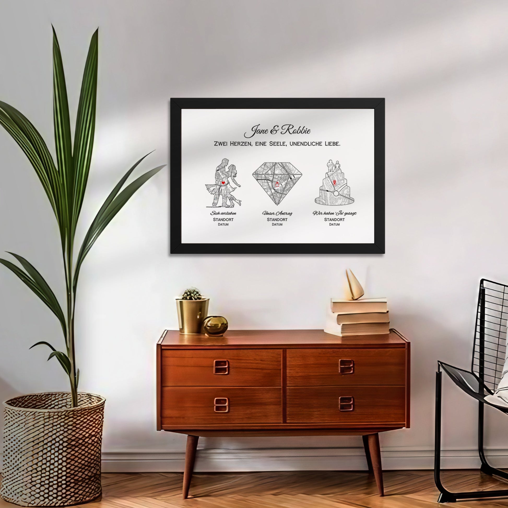 Personalisiertes Liebesgeschichte Poster als Geschenk mit Rahmen und Linienzeichnung