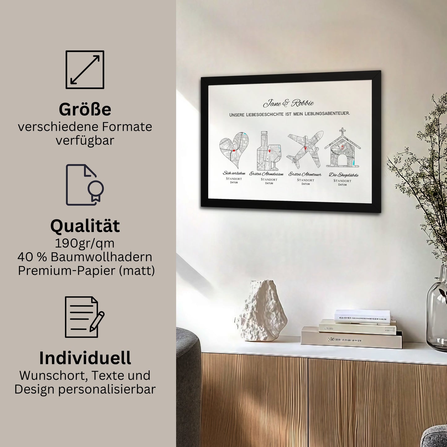 Gerahmtes personalisiertes Liebesgeschichte Poster als Geschenk