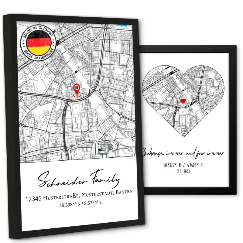 Zwei gerahmte Kartendrucke mit Wunschadresse, Herzmotiv und Vollbild-Design