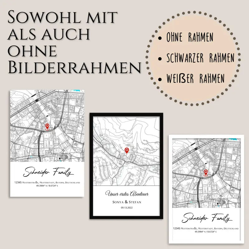 Gerahmte und ungerahmte Kartendrucke mit Wunschadresse Herz oder Vollbild