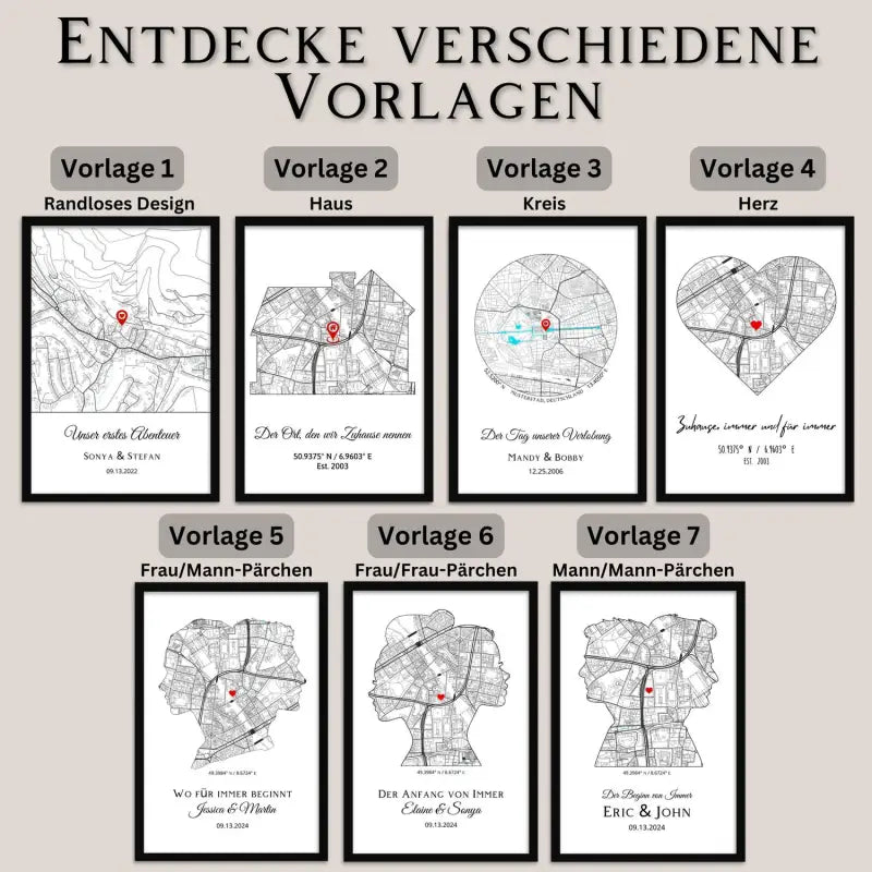 Collage aus personalisierten Kartendrucken mit Wunschadresse, Herzdesign und Vollbildformat