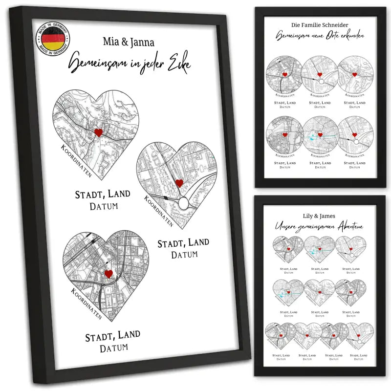 Framed personalisiertes reiseposter mit 10 orten im herz oder kreis Design