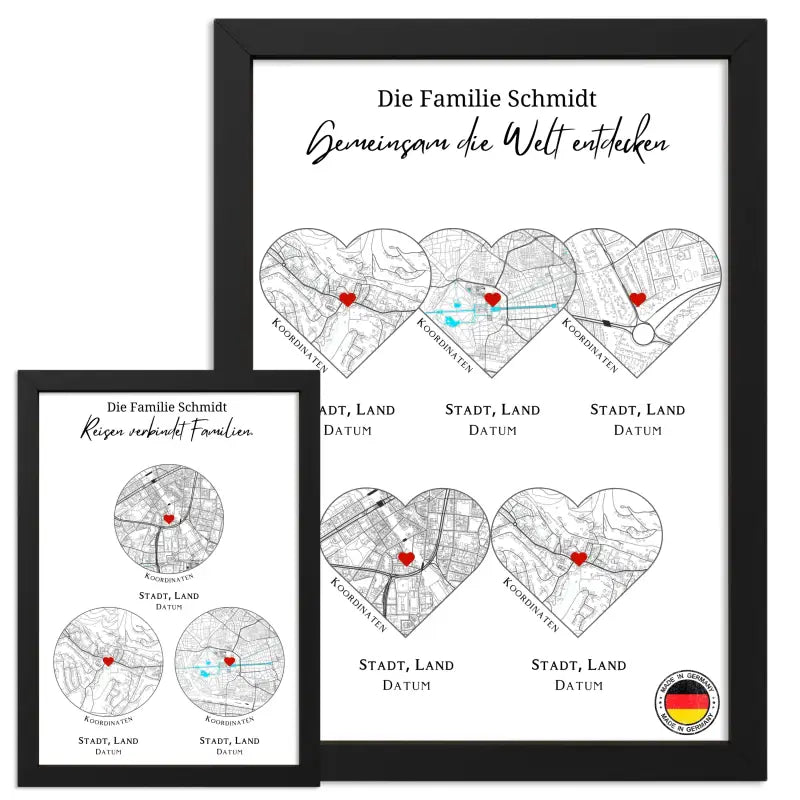 Framed reiseposter personalisiert mit 10 orte herz oder kreis perfekt für Familienreisen