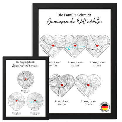 Framed reiseposter personalisiert mit 10 orte herz oder kreis perfekt für Familienreisen