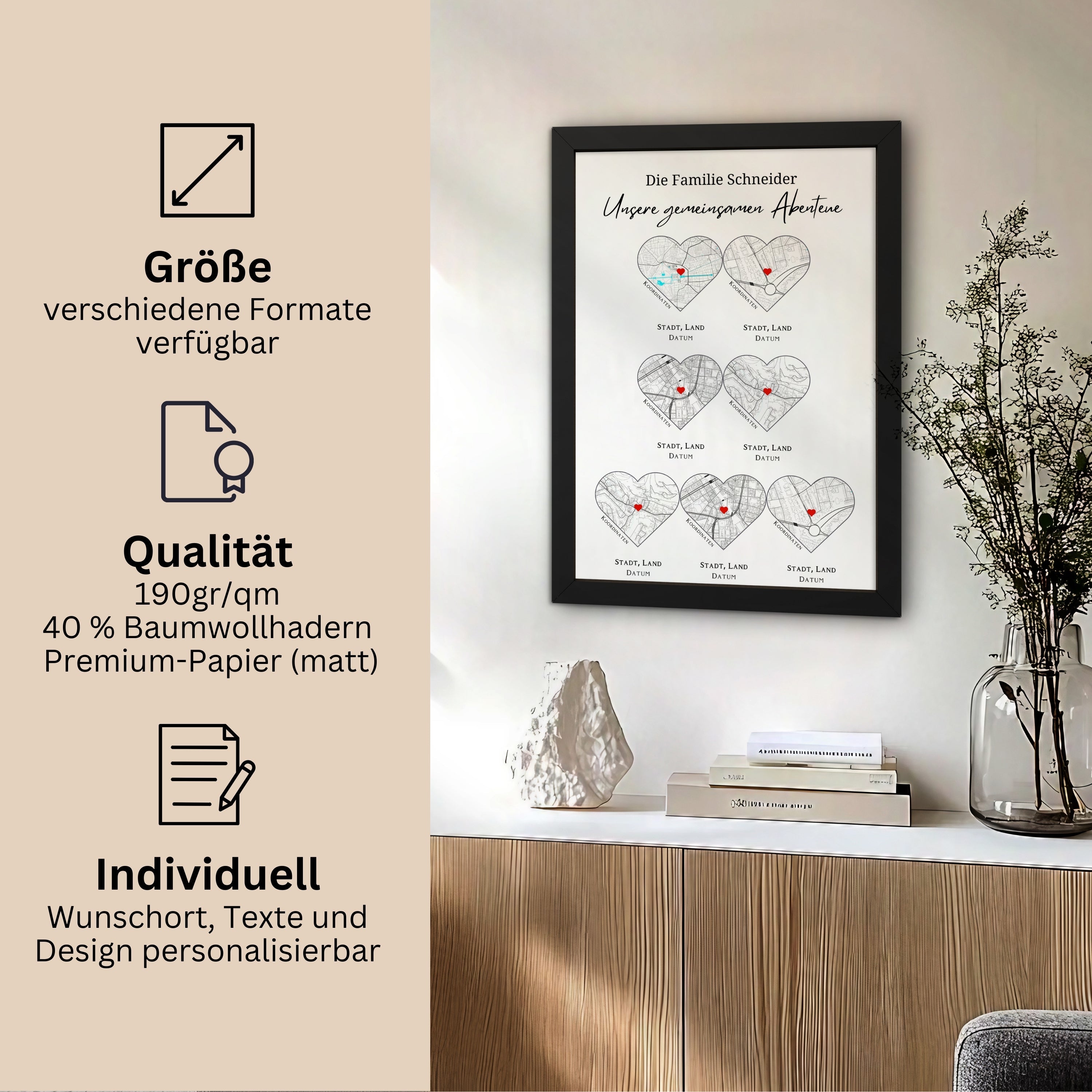 Reiseposter personalisiert mit Herzformen und individuellen Ortsmarkierungen