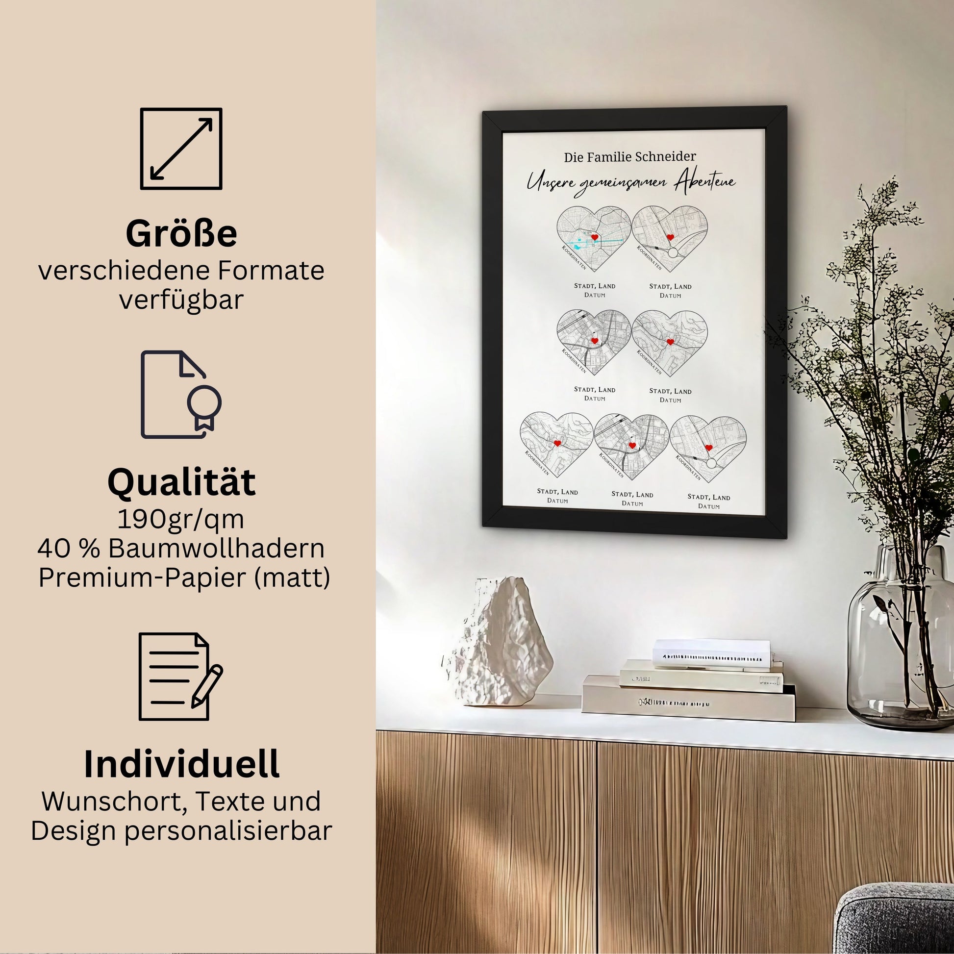 Reiseposter personalisiert mit Herzformen und individuellen Ortsmarkierungen