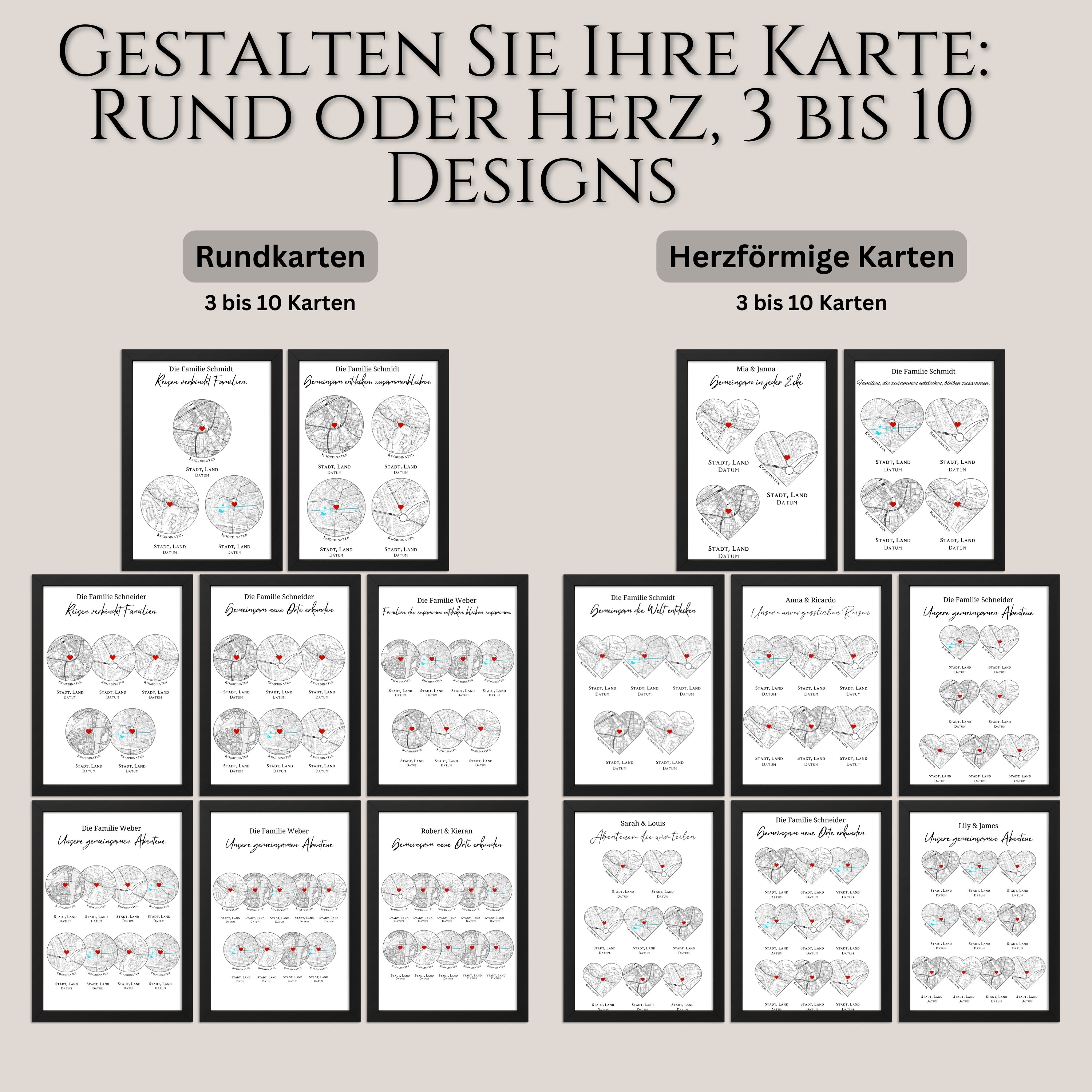 Reiseposter personalisiert mit individuell gestalteten Familienbaumkarten in Herz- oder Kreisform