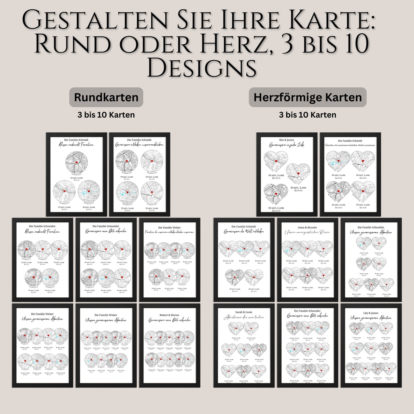 Reiseposter personalisiert mit individuell gestalteten Familienbaumkarten in Herz- oder Kreisform