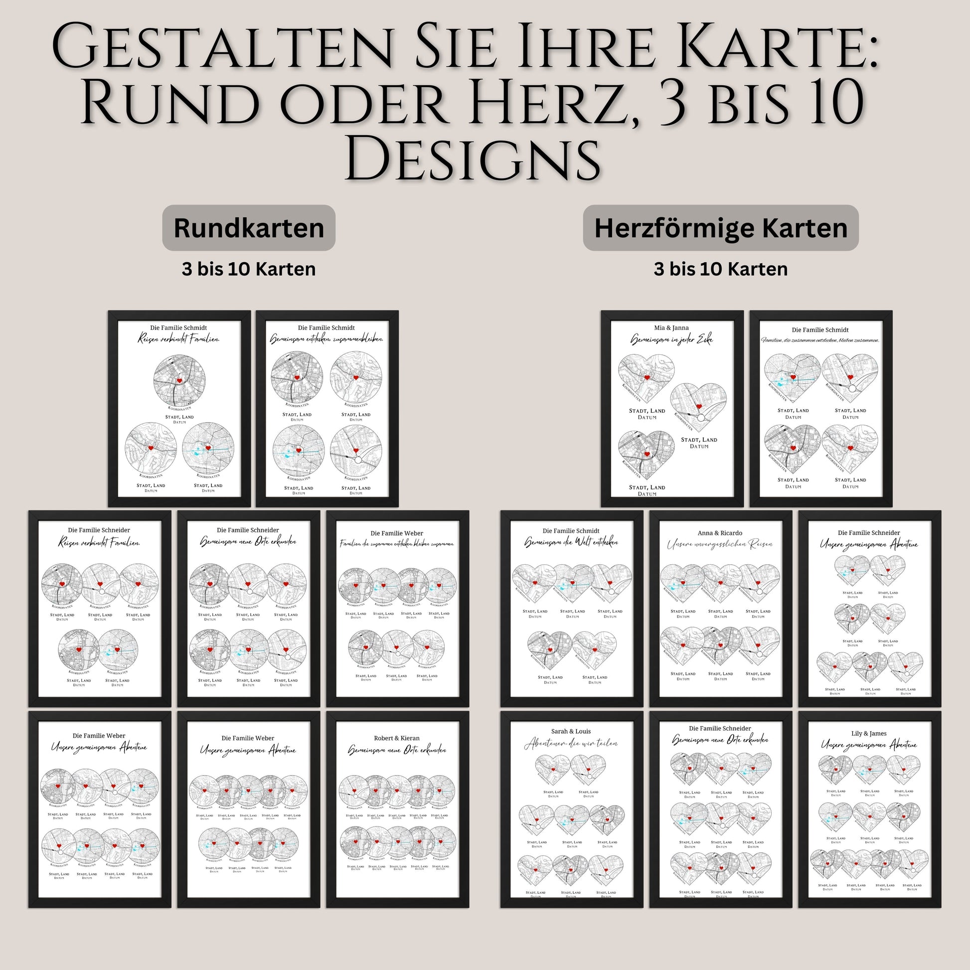 Reiseposter personalisiert mit individuell gestalteten Familienbaumkarten in Herz- oder Kreisform