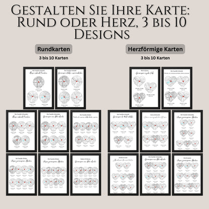 Reiseposter personalisiert mit individuell gestalteten Familienbaumkarten in Herz- oder Kreisform