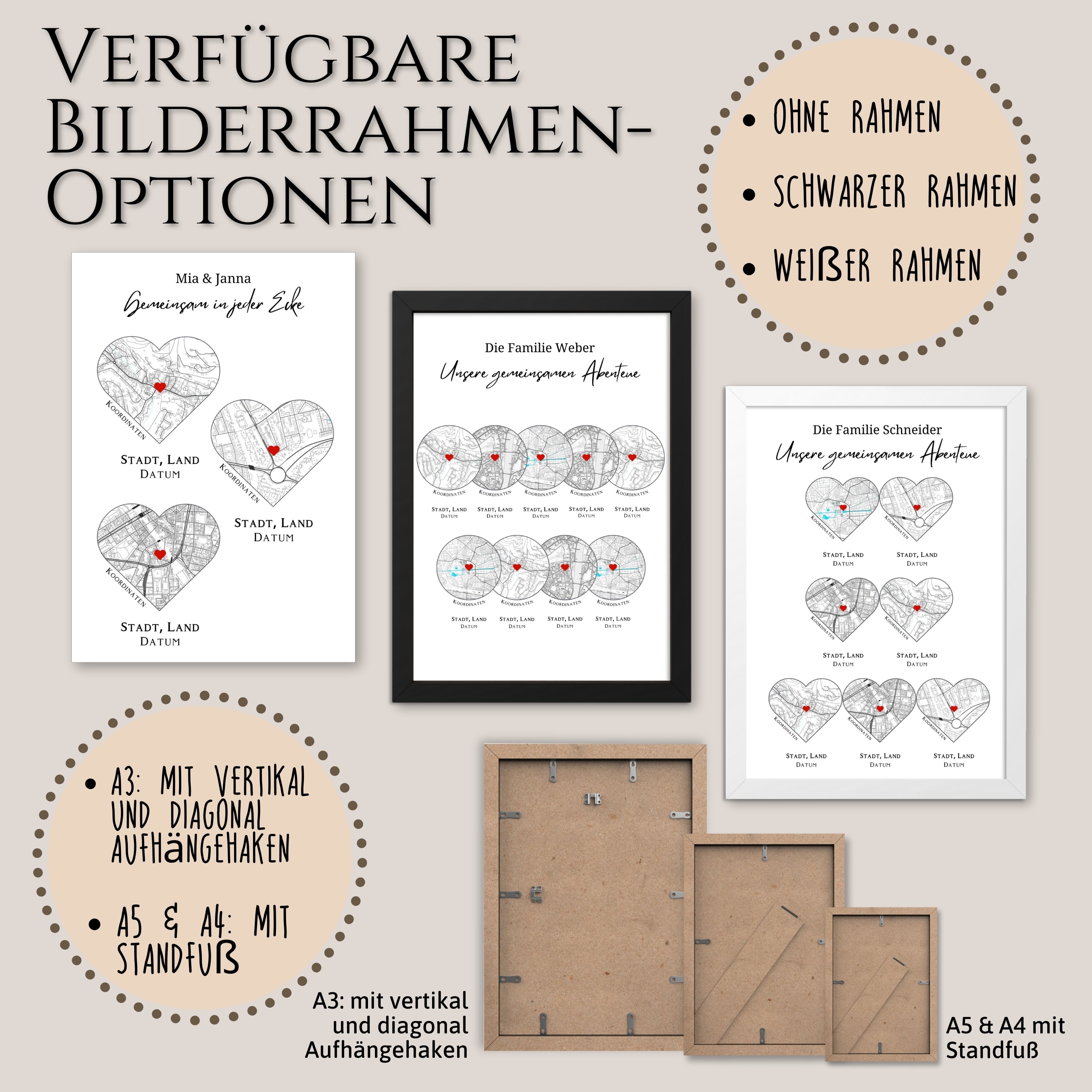 Optionen für rahmenlose personalisierte Reiseposter mit 10 Orten in Herz oder Kreis
