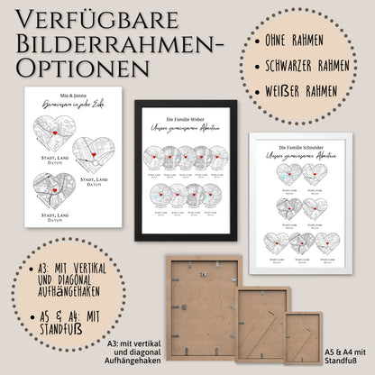Optionen für rahmenlose personalisierte Reiseposter mit 10 Orten in Herz oder Kreis