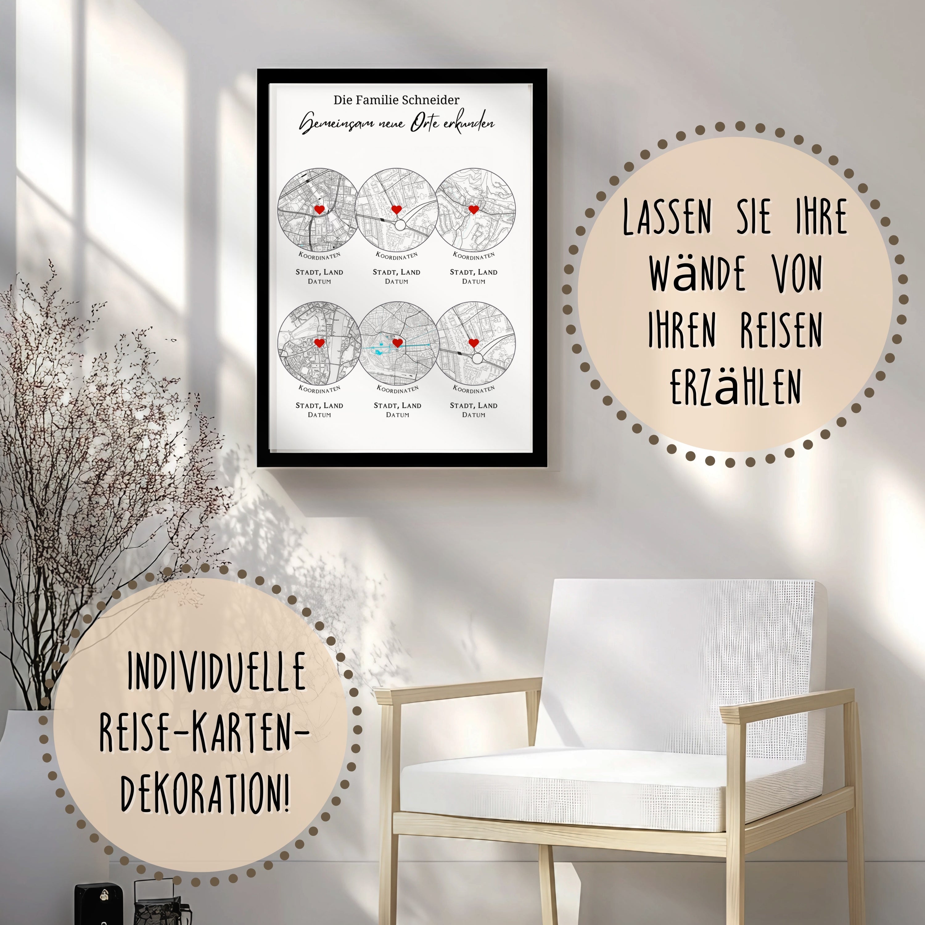 Reiseposter personalisiert mit sechs kreisförmigen Landkarten im Rahmen, individuelles Wandkunst