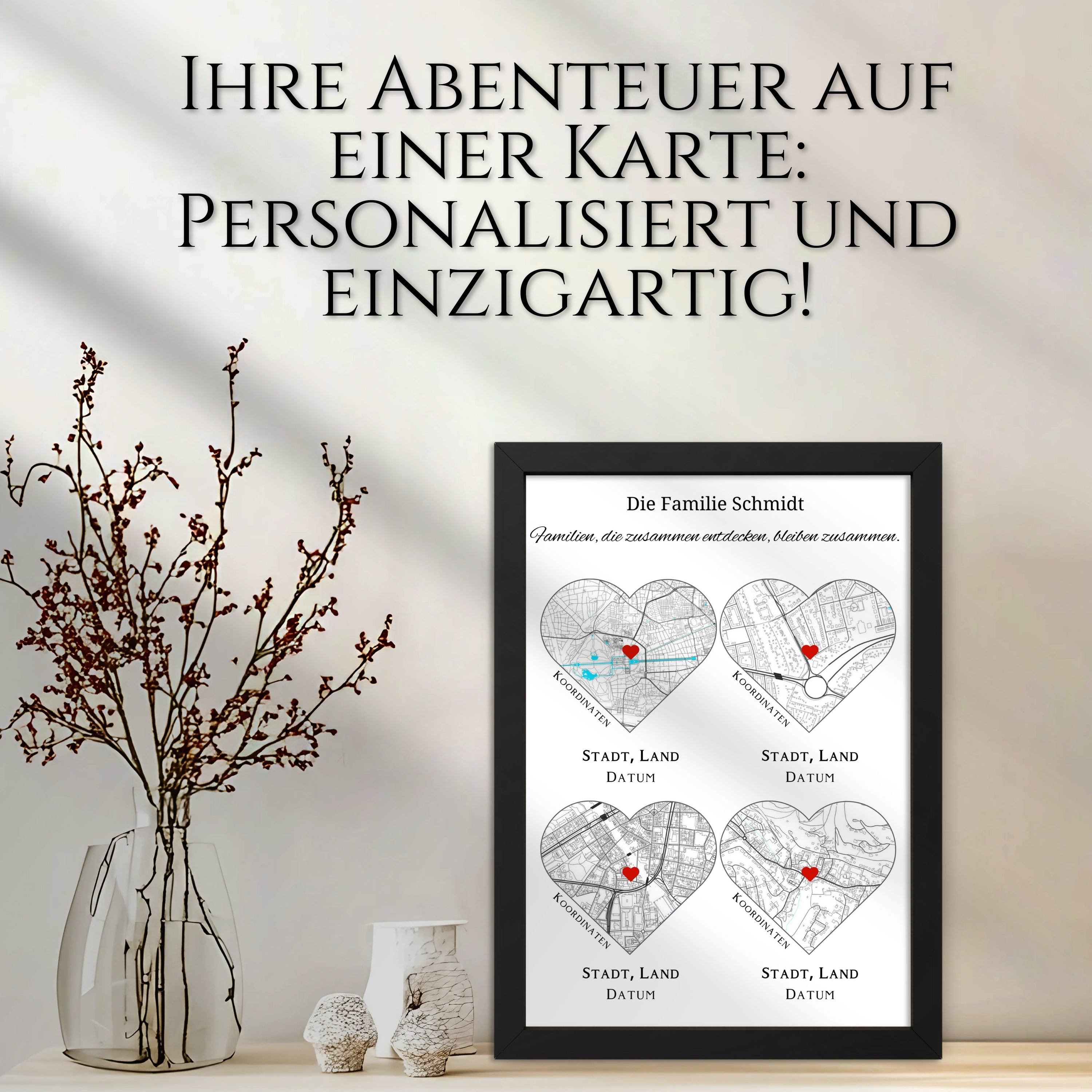 Reiseposter personalisiert mit vier Herzförmigen Landkarten und markierten Orten
