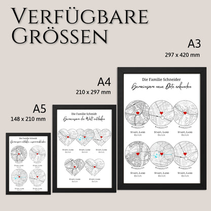 Reiseposter personalisiert mit 10 Orten als Herz oder Kreis in drei Größen, gerahmt