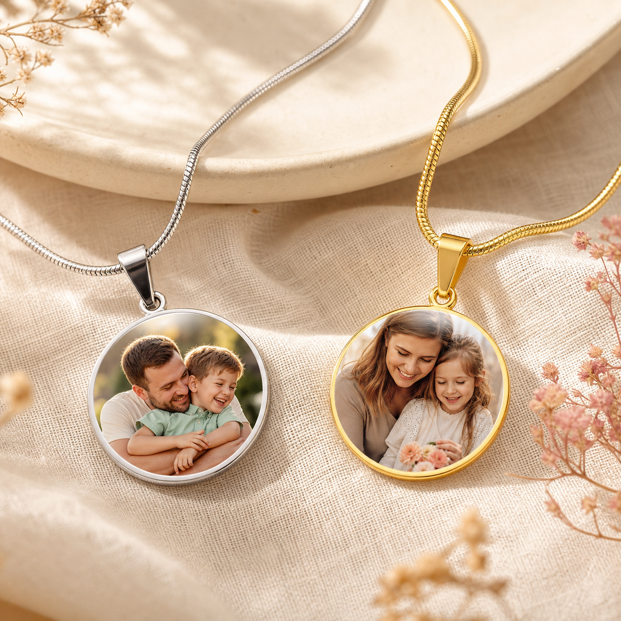 Runde Fotokette in Silber und Gold mit unterschiedlichen persönlichen Familienfotos