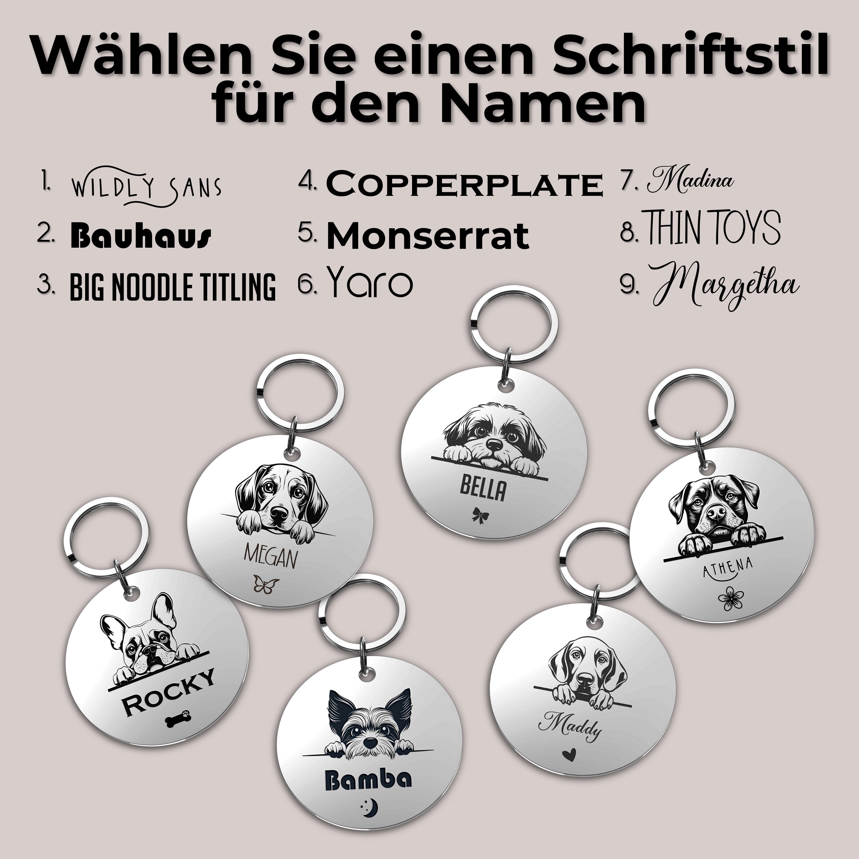 Personalisierte runde Hundemarke mit Gravur, Hundebild und variablen Schriftarten