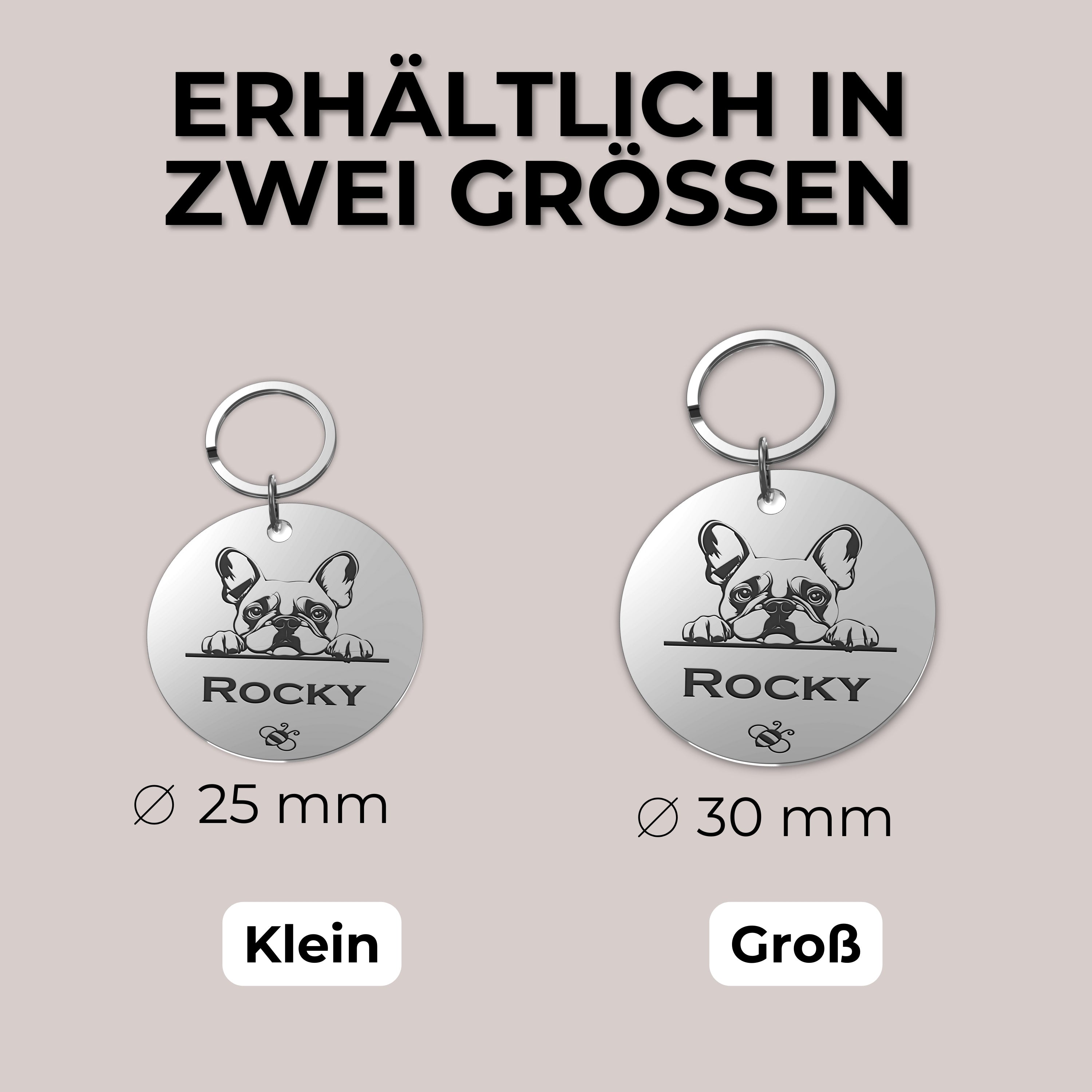 Runde Hundemarke mit Gravur aus Edelstahl, personalisiert, mit Schlüsselring attachment
