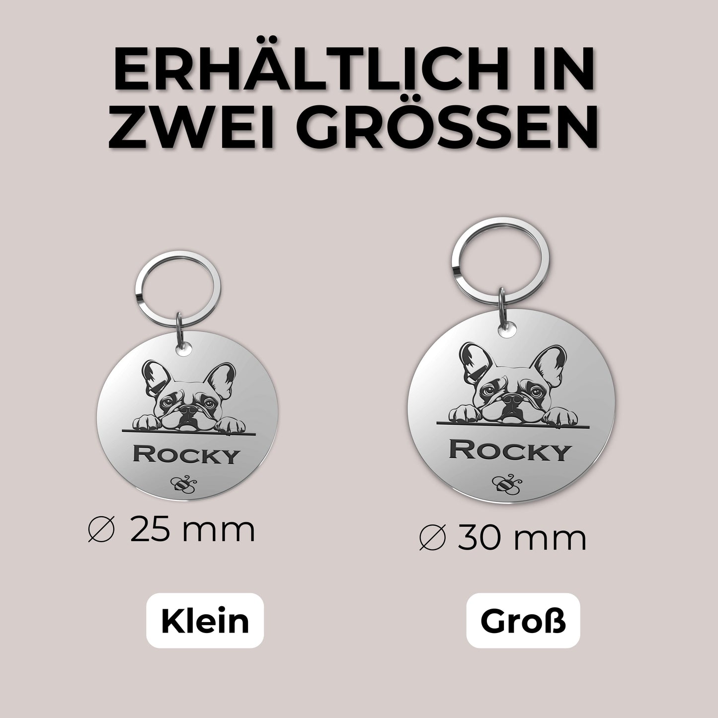 Runde Hundemarke mit Gravur aus Edelstahl, personalisiert, mit Schlüsselring attachment