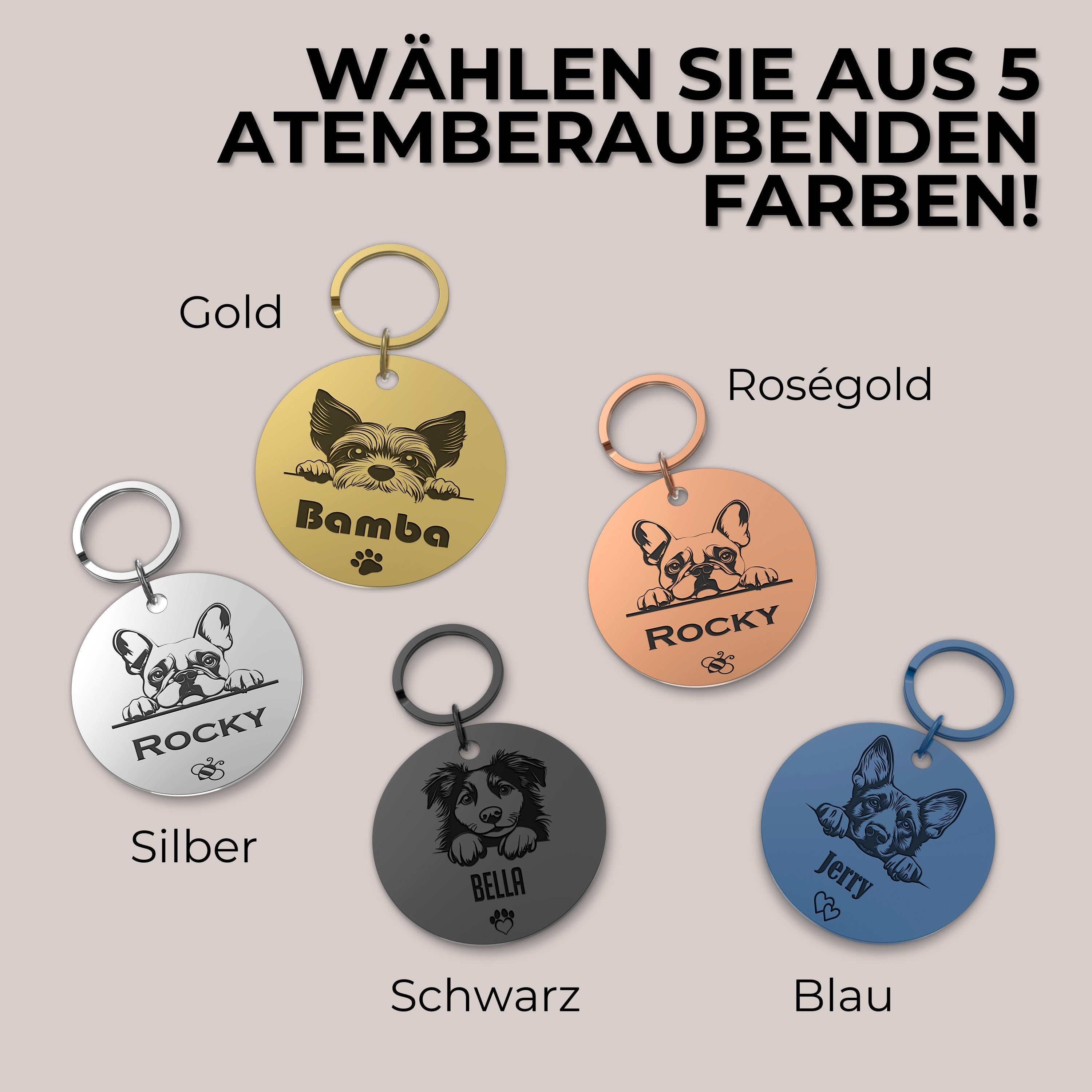 Runde Hundemarke mit Gravur Edelstahl in verschiedenen Metallic-Farben mit Hundemotiv